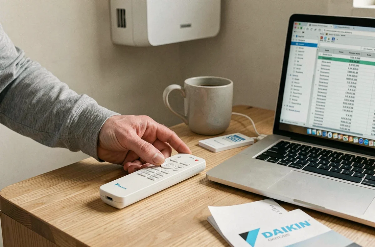 Télécommande et unité intérieure Daikin avec brochure de prix sur une table en chêne