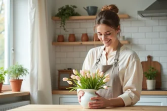 Femme arrangeant des fleurs de printemps dans une cuisine scandinave décorée avec des éléments naturels et des couleurs pastel pour inspirer la créativité à la maison