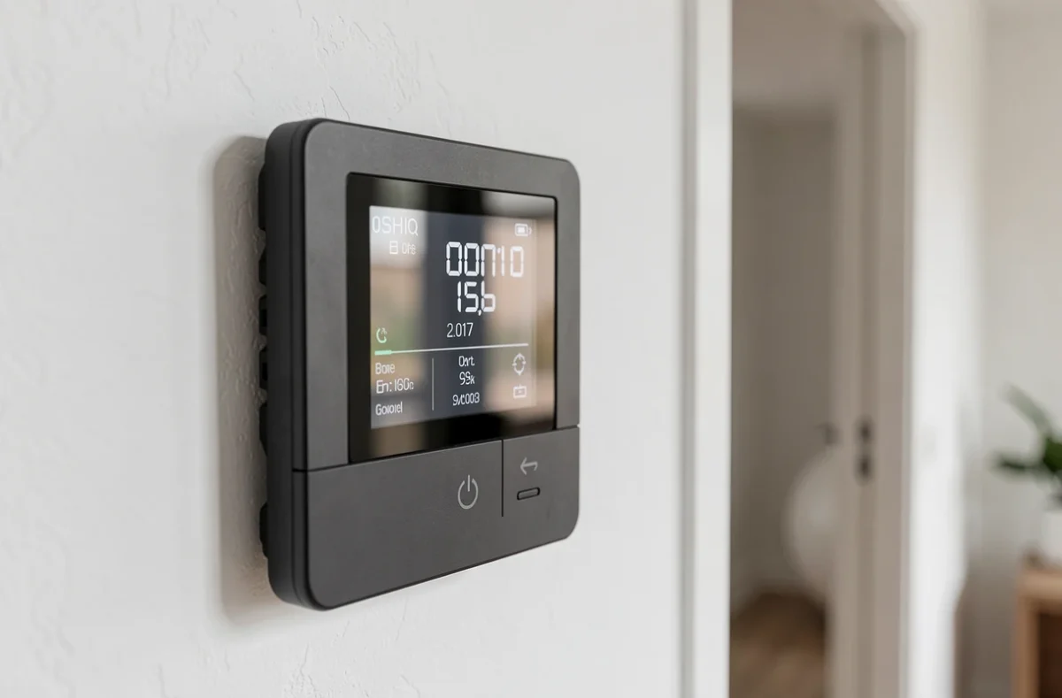Thermostat connecté et tableau de commande d'une pompe à chaleur Saunier Duval dans un intérieur moderne