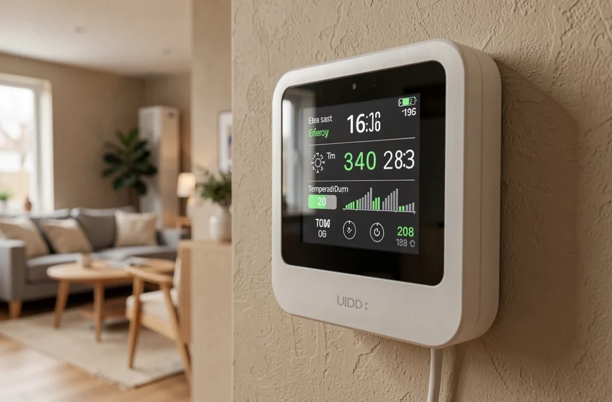 Thermostat intelligent affichant les données de consommation d'une pompe à chaleur dans un salon moderne