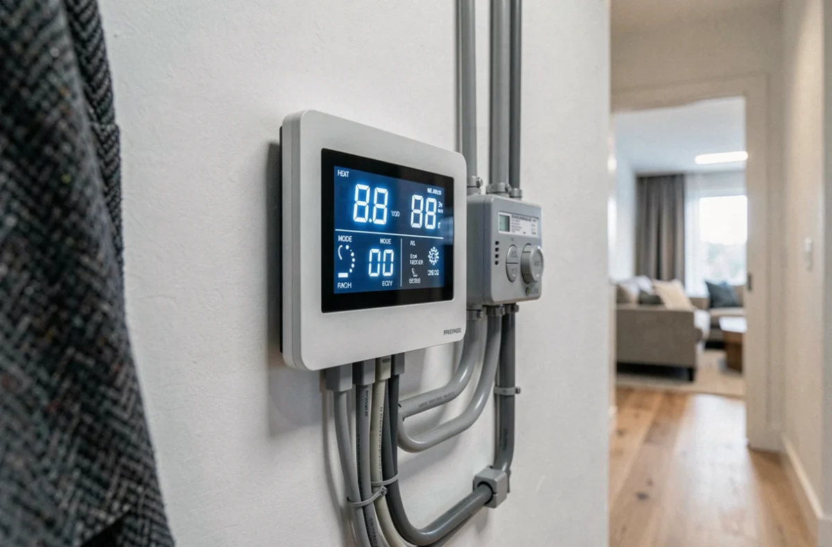 Écran de contrôle numérique d'une pompe à chaleur Atlantic affiché sur un thermostat mural intérieur