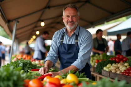 Vendeur de légumes frais dans un marché français en plein air