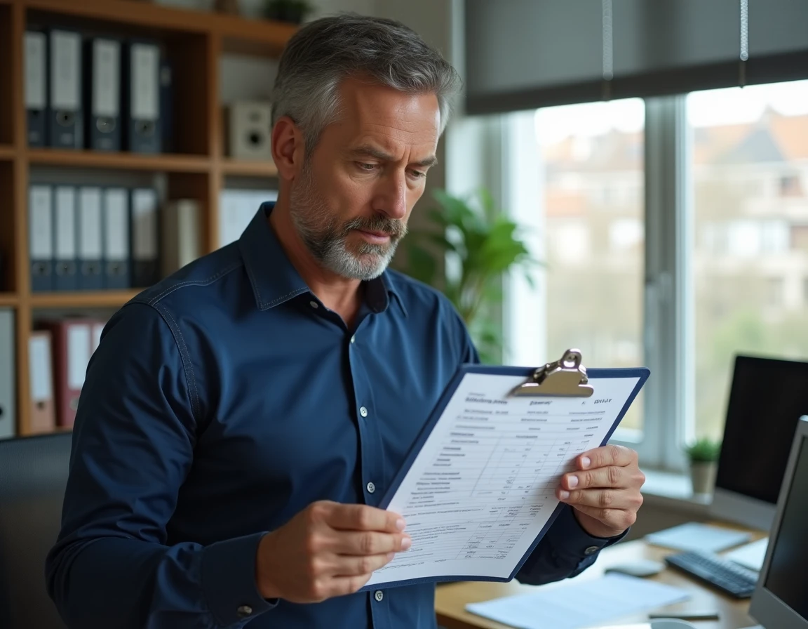 Homme vérifiant la conformité d'une facture comme justificatif de domicile dans un bureau à domicile