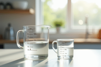 Verre mesureur rempli à 100 cl sur plan de cuisine lumineux