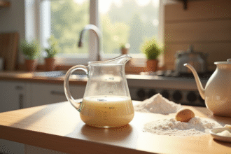 Verre mesureur de cuisine rempli à 80 cl avec ingrédients