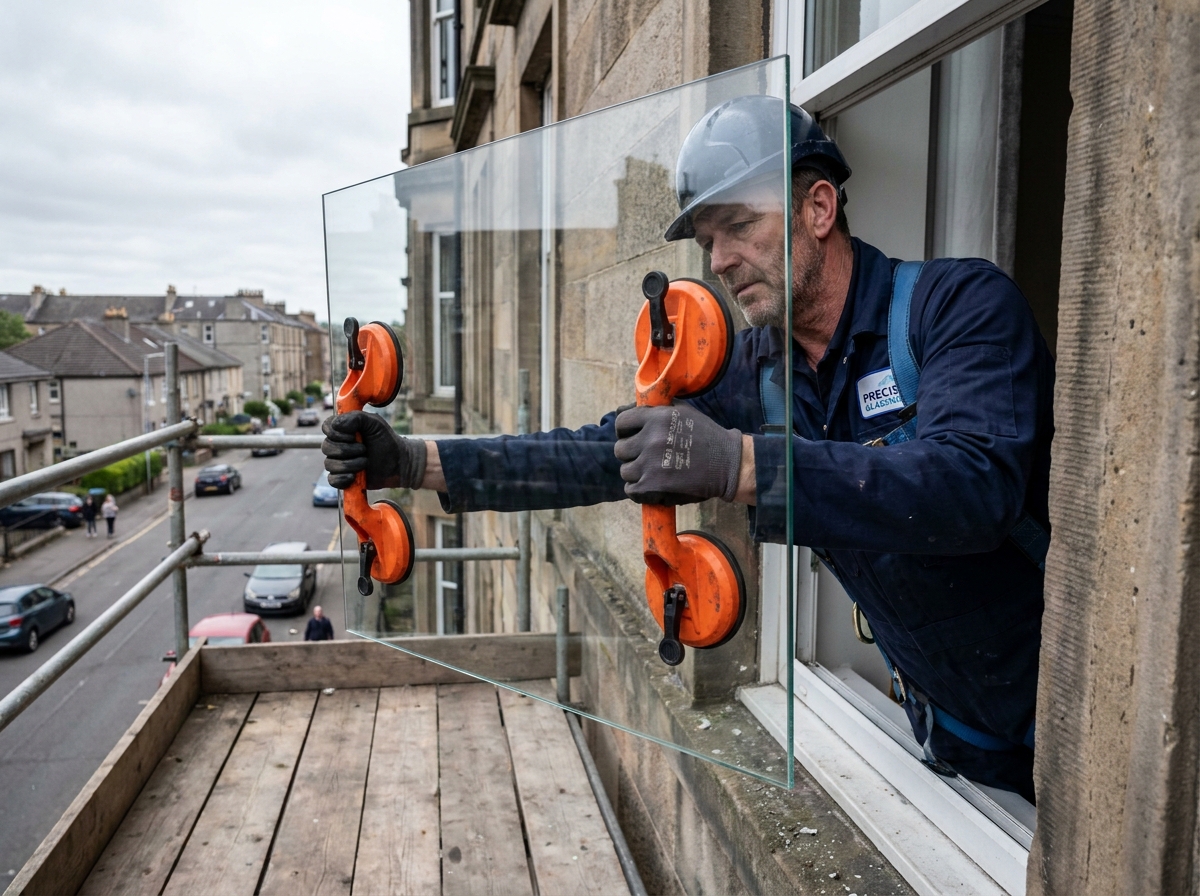 Vitrier professionnel posant une nouvelle vitre dans un encadrement de fenêtre sur un immeuble urbain