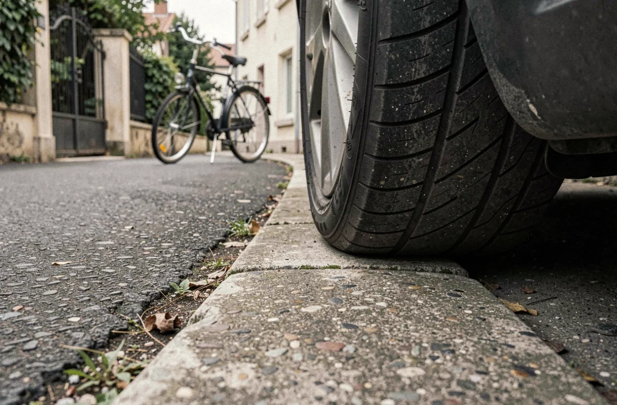 Pneu de voiture posé sur un trottoir étroit bloquant le passage des piétons dans une rue résidentielle