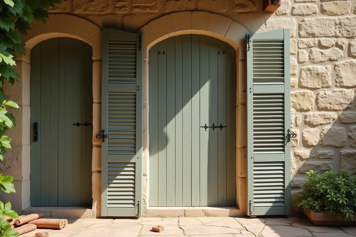 Volets en bois à lames traditionnelles appuyés contre la façade en pierre d'une maison ancienne en France
